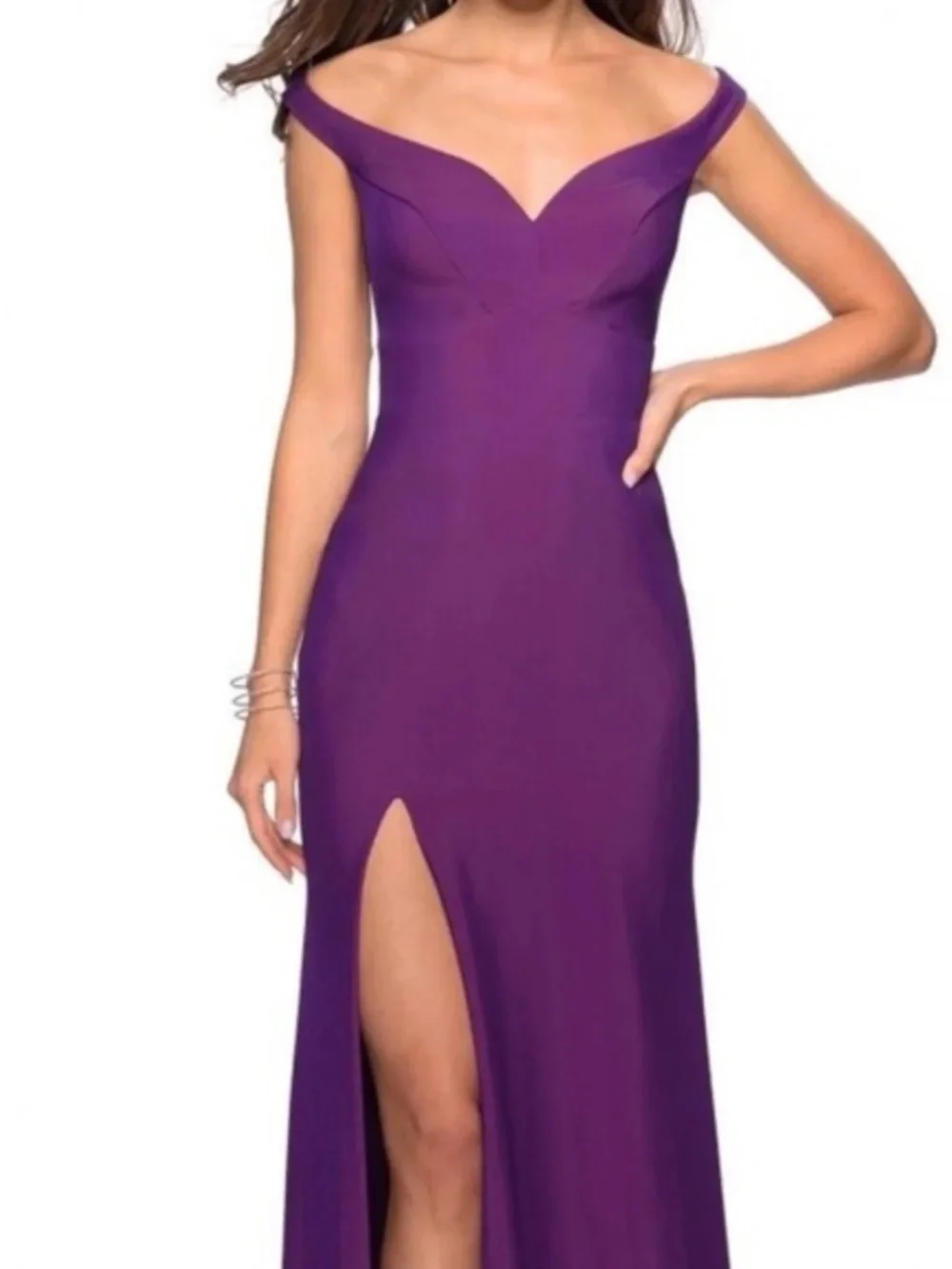 La Femme Violet Purple Off Shoulder Gown Formal Maxi Dress Side Slit Size Small
